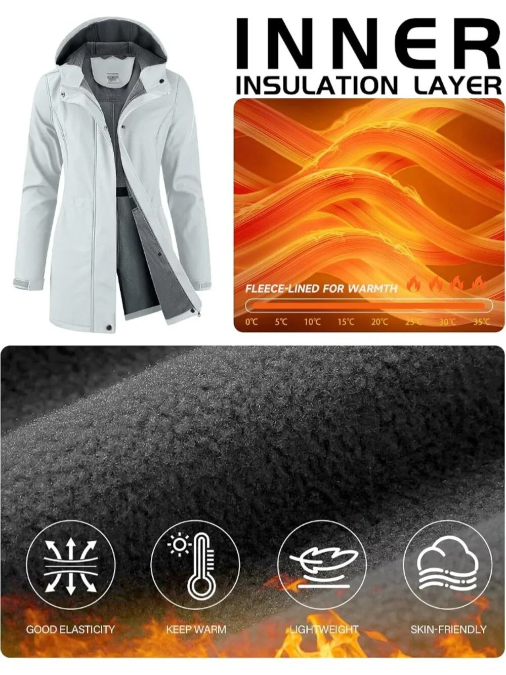 Women's White Hooded Fleece Lined Waterproof Hiking Softshell Long Rain Jacket